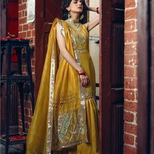 Pakistani Designer Yellow Mustard Lengha Anarkali Dress